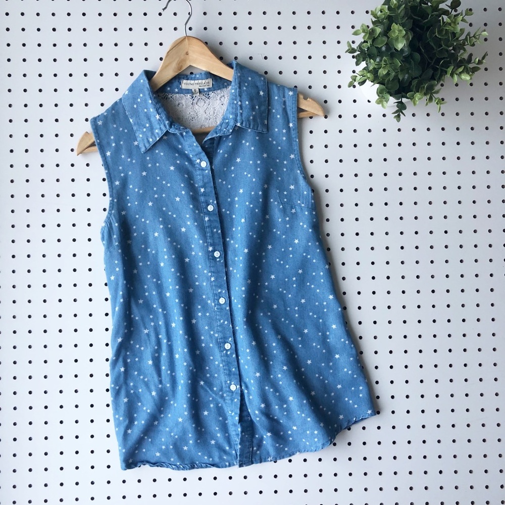 YOUNG THREADS chambray sleeveless star blouse